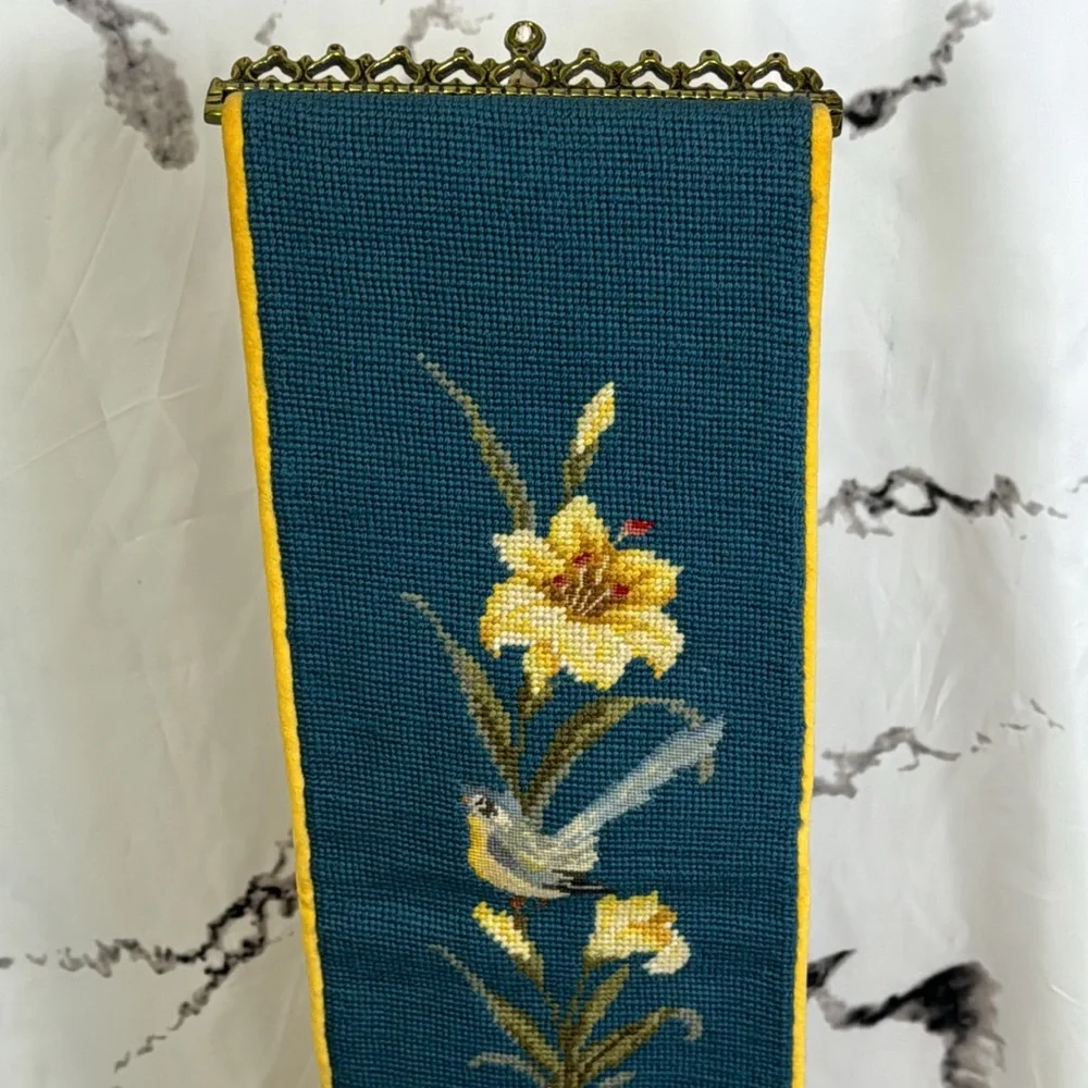 Vintage Petit Point Bell Pull Needle Point Velvet Backed Birds & Flowers Design